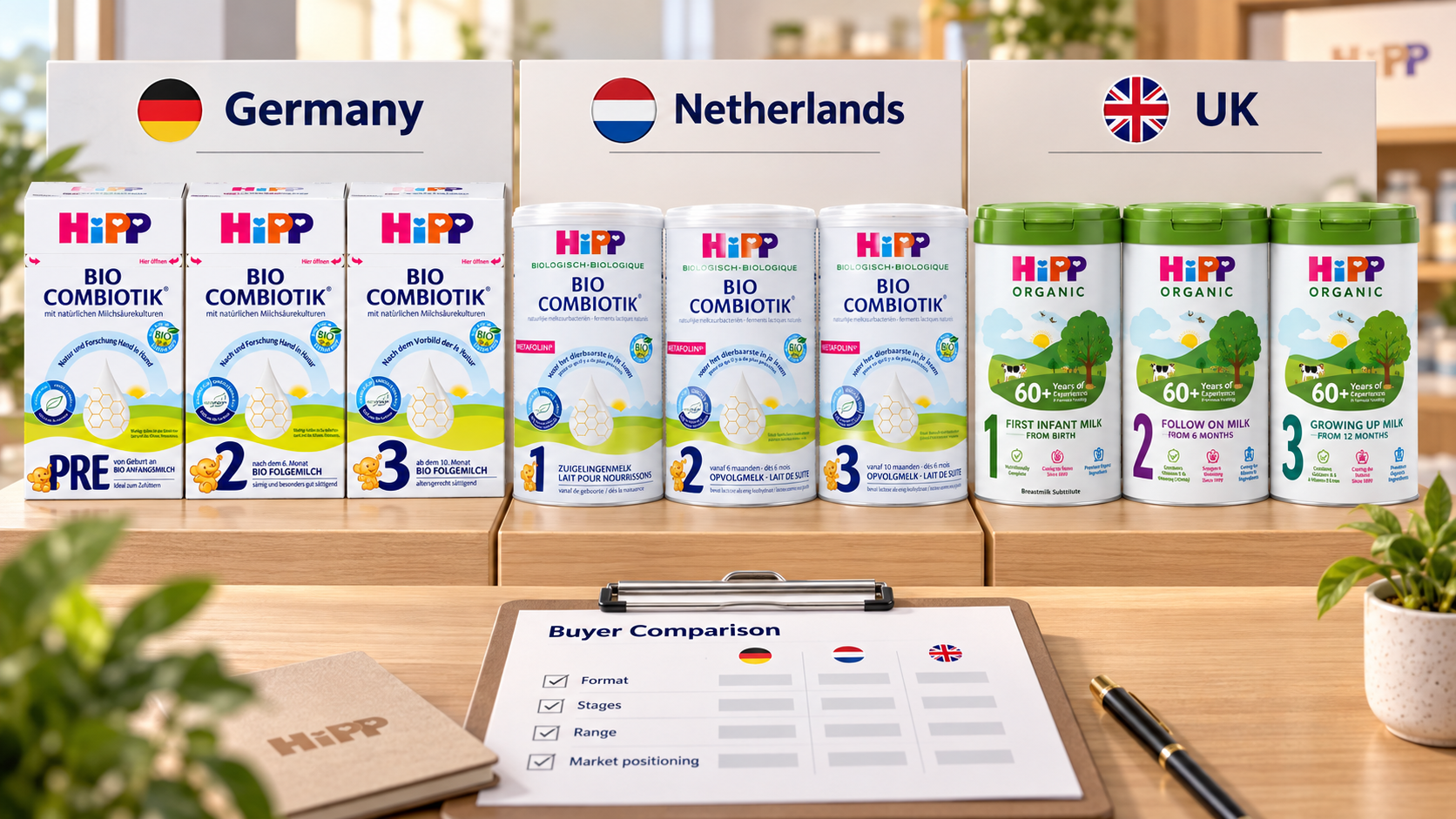 HiPP formula comparison showing Germany, Netherlands, and UK product ranges for infant stages 1, 2, and 3