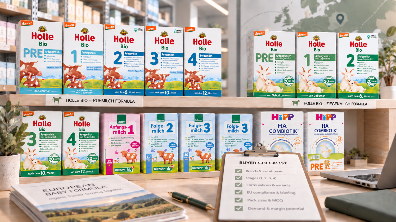 European baby formula assortment for retailers featuring Holle, Lebenswert and HiPP products by stage