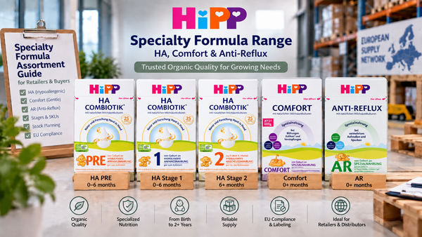 HiPP specialty formula assortment for retailers featuring HA PRE, HA Stage 1, HA Stage 2, Comfort and Anti-Reflux formulas