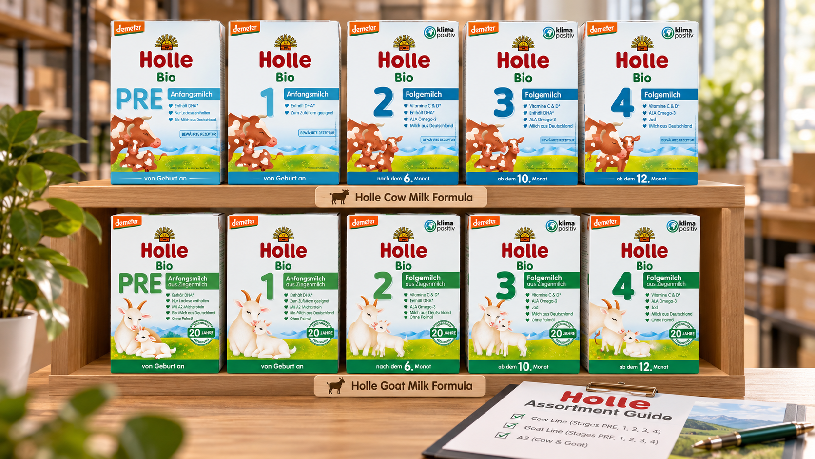 Holle formula assortment for retailers featuring cow milk and goat milk formulas in stages PRE, 1, 2, 3, and 4