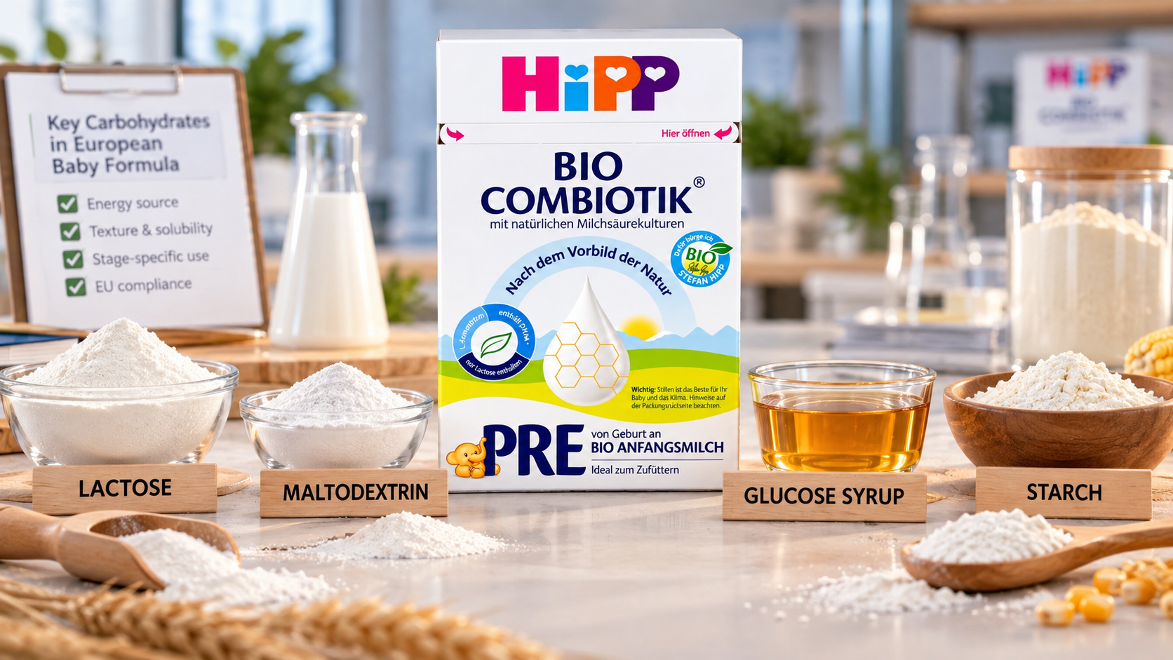 Baby formula carbohydrates explained with lactose, maltodextrin, glucose syrup, starch, and HiPP Bio Combiotik PRE formula