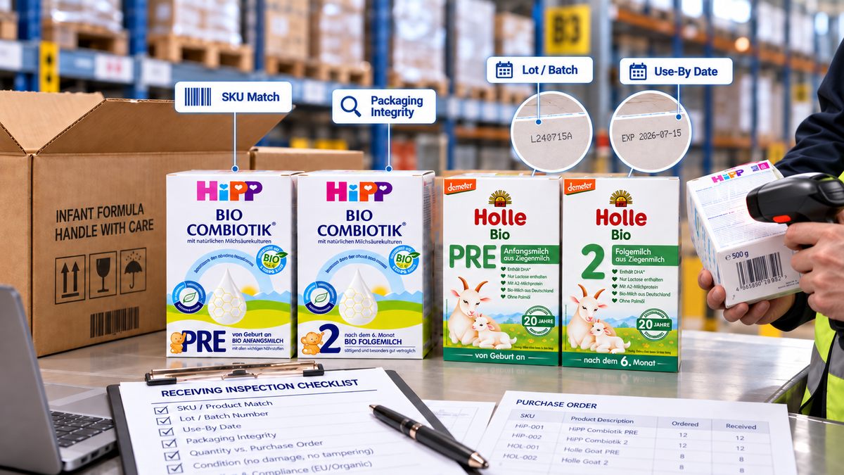 Infant formula receiving inspection checklist showing HiPP and Holle products, SKU verification, lot numbers, use-by dates and packaging checks