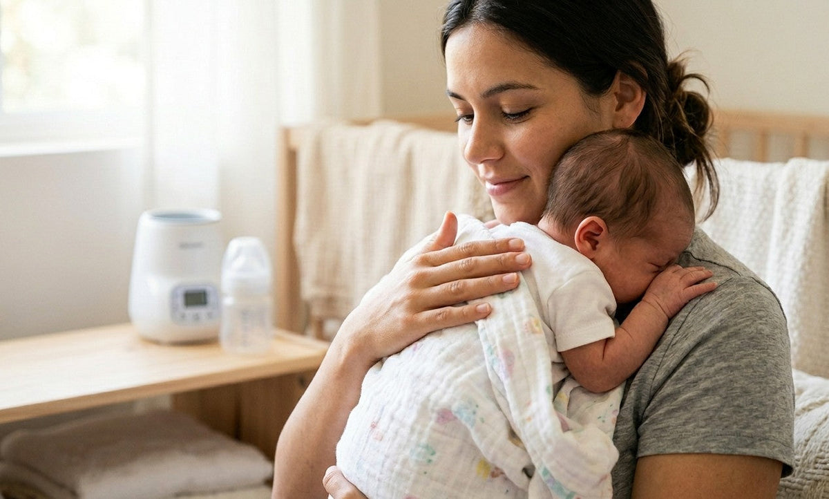 Calm baby lying on a soft white blanket after feeding