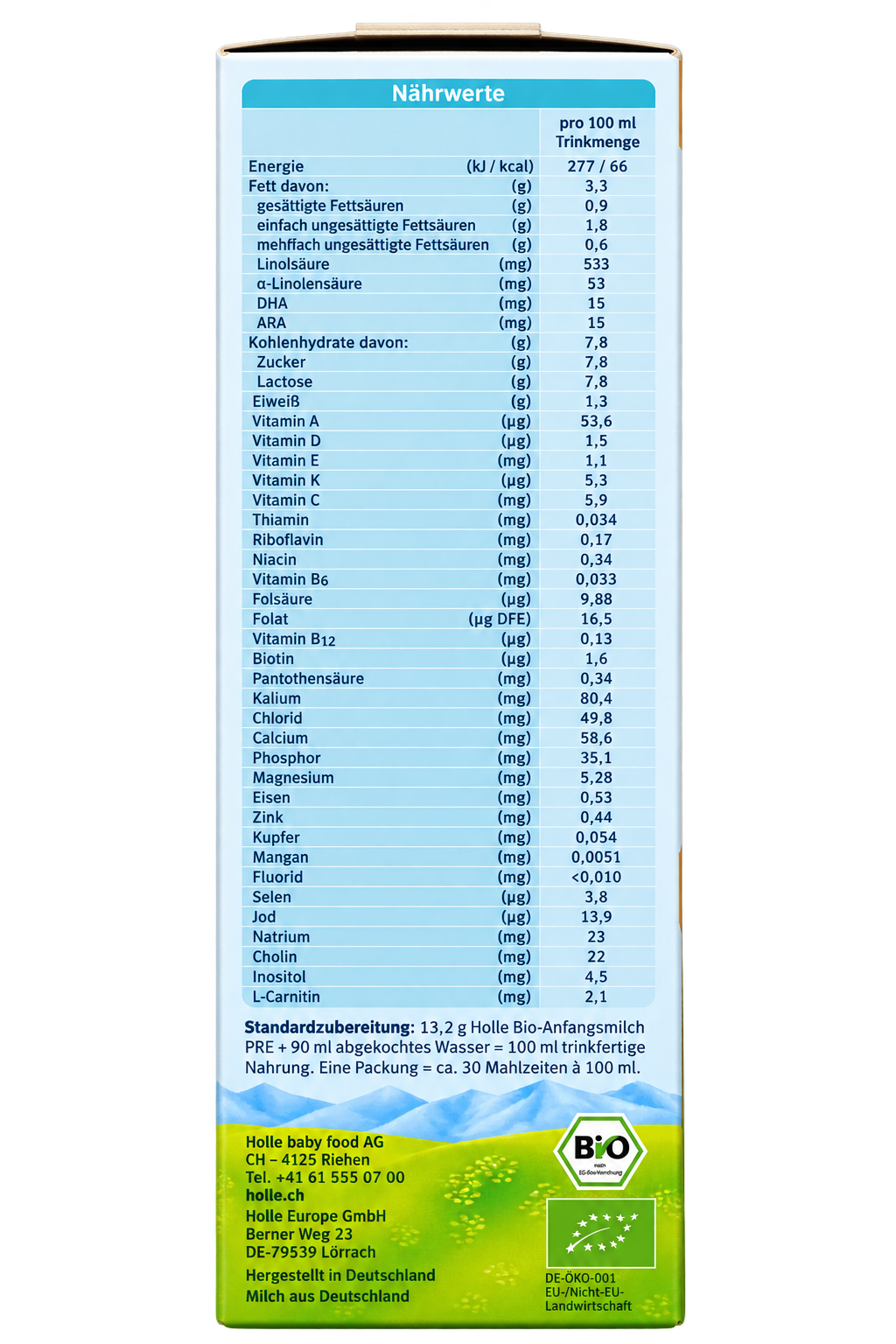 Holle Bio Stage PRE Organic Infant Formula packaging information view 1
